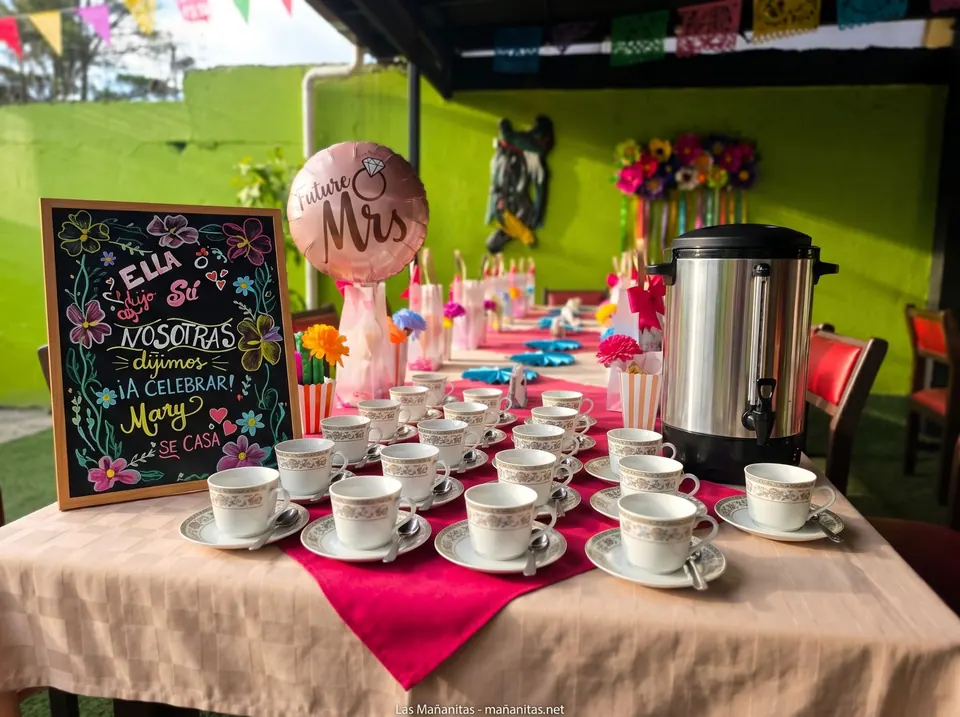Mesa de café con tazas, cafetera y pizarra de bienvenida