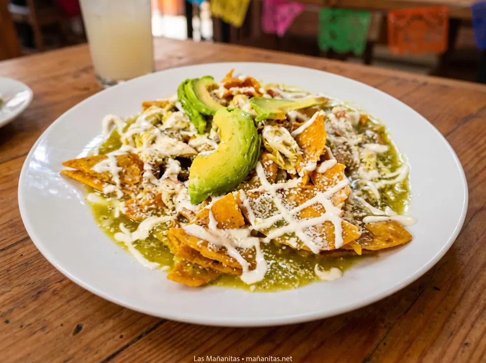 Chilaquiles verdes con aguacate, crema y queso